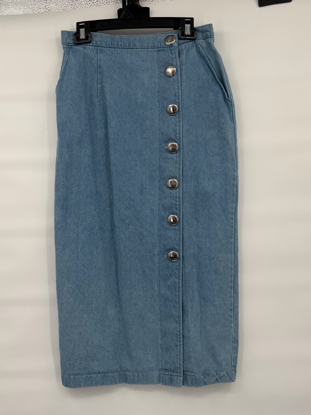 Vintage on the verge denim midi western silver button skirt